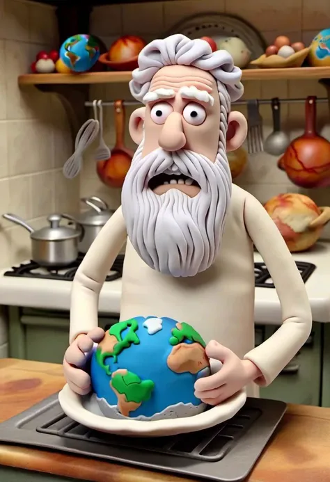 claymation,  God as old man with long white beard, taking Planet Earth out of the oven