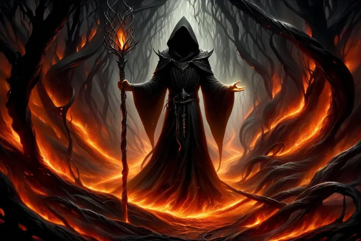 a hooded figure with pointed ears and an otherworldly aura stands in the midst of a fiery abyss, its eyes piercing the darkness as it wields a staff made of twisted vines. the elf's long flowing robe is tattered and singed, and the ground beneath its feet is scorched and barren. the scene is set in a hellish landscape, with towering flames and molten rocks surrounding the elf.