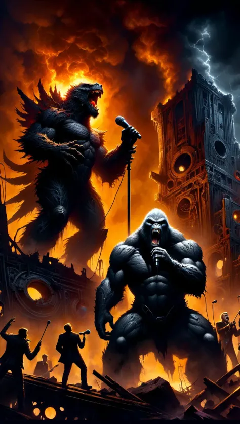 A masterful composition, a dark and gritty but luminous digital fantasy painting in the style of Brom, Godzilla and King Kong hold a microphones singing a duet at a rock concert on top of the wreckage of a smoldering city, HDR, 8k, extremely detailed, detailed background, high contrast, bold negative spaces, cinematic, complex and multidimensional lighting, epic, <lora:xl_more_art-full_v1:0.6>