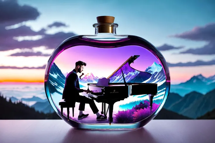 double exposure: a photo of ((a man playing a piano trapped inside of a transparent potion shaped like bottle)), like a ghost, using the colors purple, black, orange and white, mountain backdrop, cinematic, fujifilm, RTX, bokeh