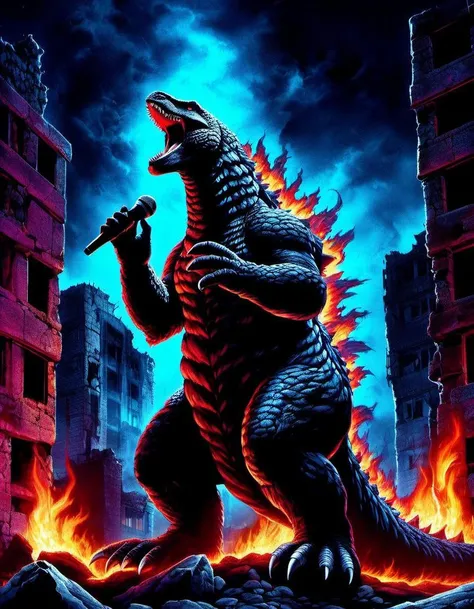 Painting, Godzilla singing Karaoke, Mic on flames, Tokyo in ruins, night scene, dark fantasy, art by Gerald Brom, HDR, 8k, high contrast, bold negative spaces, cinematic, complex and multidimensional lighting, epic
Negative prompt: Photo. Worst quality, low quality, ugly, blurry, unaesthetic, multiple people, hands, arms, illustration, fake, CGI, drawing, miniature, blocky, angular, glasses, (large eyes:1.3), freckles, face paint, mask, glasses, tattoos
Steps: 30, Sampler: DPM++ 2M SDE Karras, CFG scale: 7.0, Seed: 3688173534, Size: 896x1152, Model: paradoxSDXL10_paradoxSDXL10