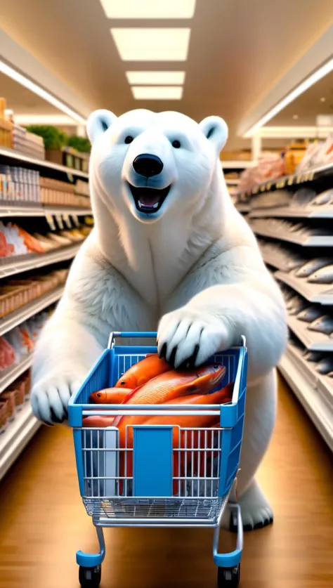 A masterful cinematic photo, photorealism, a happy humanoid polar bear is pushing a shopping cart through a posh American grocery store, it is in the fresh fish section of the store and the bears basket is filled with fish, HDR, extremely detailed, colorful, detailed background, warm colors and lighting, high contrast, adorable,  complex and multidimensional lighting,   <lora:xl_more_art-full_v1:0.6>
