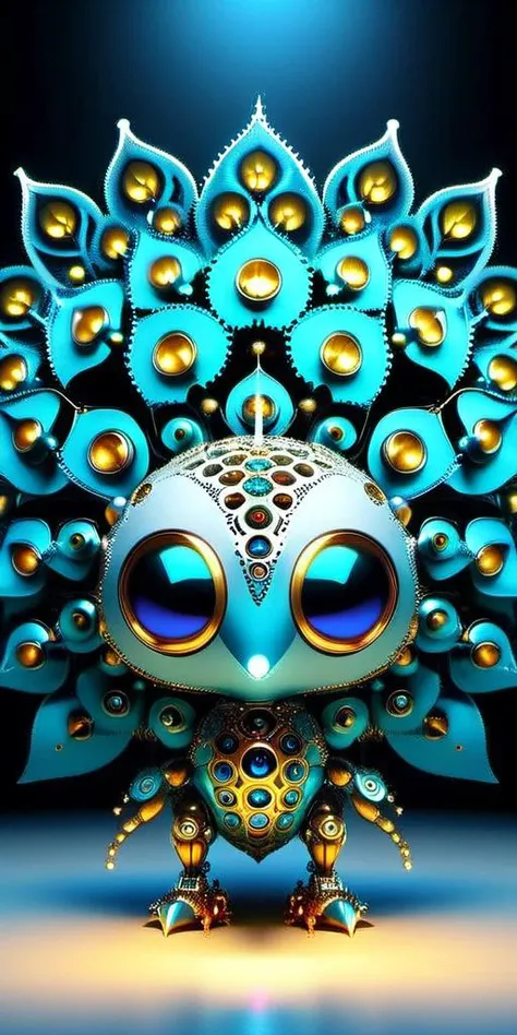 Mechanical robotic cute realistic bright blue insect ((Peacock:1)) many small and large eyes standing in background complete black, unsettling, wide angle, nighttime,
Golden Rule, subsurface scattering, ultra hd, 4k, high def, Photorealistic, Hyperrealistic, Hyper detailed, analog style, realistic, masterpiece, best quality, ultra realistic, 8k, Intricate, High Detail, film photography, soft lighting, heavy shadow
<lora:epi_noiseoffset2:1>, <lora:add_detail:0.8>, <lora:add-detail-xl:1> <lora:xl_more_art-full_v1:0.5>
<lora:KK_paperCut_v5:1>, paper_cut, (fractal art: 1.4)