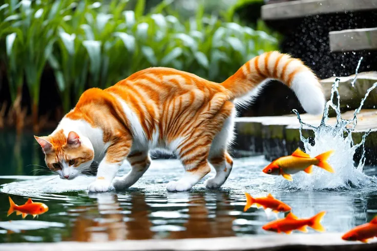 A photo of a orange and white cat stealing fish from the pond in the backhard, cinematic, fujifilm, RTX, bokeh