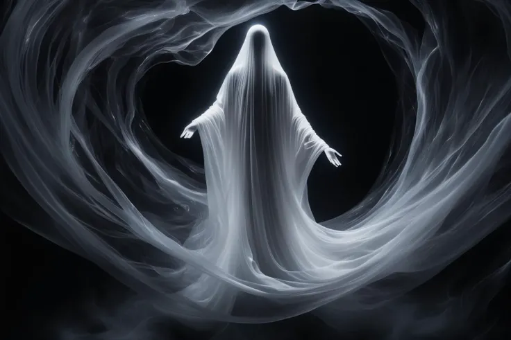 a translucent figure stands on the edge of a swirling, black portal. the ghost's white, flowing garment flutters in the unseen wind, and its eyes seem to glimmer in the darkness. as the ghost steps forward, the portal begins to close, trapping it in a realm of shadows.