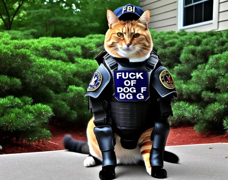 Photograph of FBI cat wearing full body armor and a cap with the text "FUCK OFF, DOG"
Negative prompt: hands, arms, illustration, fake, cgi, drawing, miniature, blocky, angular, glasses, (large eyes:1.3), freckles, face paint, mask, glasses, tattoos
Steps: 30, Sampler: DPM++ SDE Karras, CFG scale: 7.5, Seed: 3262691028, Size: 1536x1216, Model: paradoxSDXL10_paradoxSDXL10