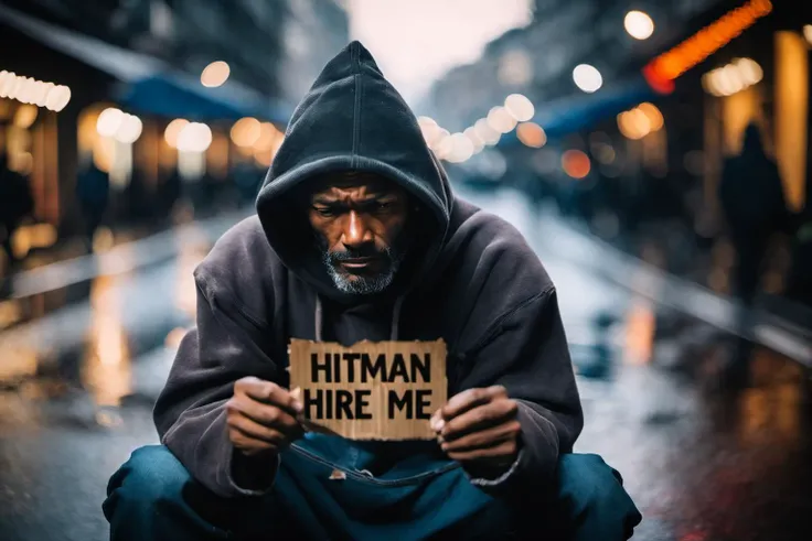 a beggar sitting in the street wearing a hoodie, holding up a piece of paper with the text: "HITMAN HIRE ME", bokeh street backdrop, cinematic, fujifilm, RTX, bokeh