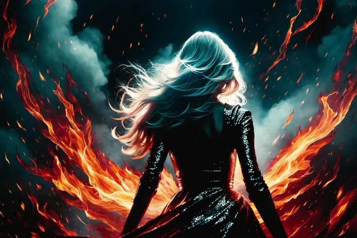 Double Exposure photo: a very hand drawn drawing of a marco (close up shot) of lady the god of hellfire standing in hell, wicked style hair, standing in the wind in the gates of hell bokeh fire dark red and black explosion BIEMMMM SMOOTH, glossy, rtx, reflections, soft light, soft shadows, dramatic lighting, atmospheric, global illumination, unreal, octane, (two tone lighting:1.5), (cyan light:1.4), alphonse mucha