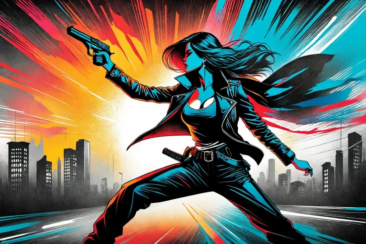 The very abstract hand drawn artwork features a closeup of a lone female figure, a rebel fighting against the oppressive government that rules over the city. The rebel is wearing a black leather jacket and a red bandana, with a determined look on their face. Their eyes are piercing blue, and their hair is cropped short and dyed a bright red. Starnge orange and blue shaped background. ((((abstract)))), glossy, rtx, reflections, soft light, soft shadows, dramatic lighting, atmospheric, global illumination, unreal, octane, (two tone lighting:1.5), (cyan light:1.4), alphonse mucha
