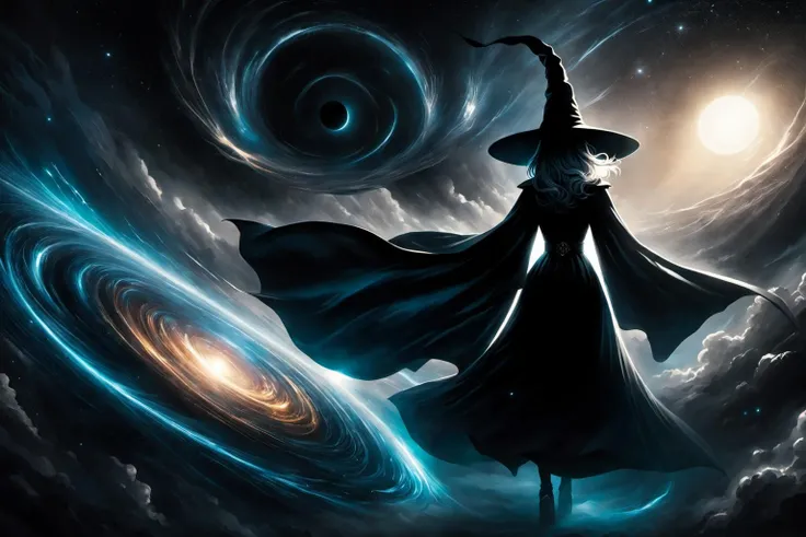 a witch stands on the edge of a black hole, her long black cloak billowing in the wind. her pointed hat casts a shadow on the ground, and her eyes glow with an otherworldly light. the black hole seems to be pulling her closer, and she is fighting to resist its gravitational pull., glossy, rtx, reflections, soft light, soft shadows, dramatic lighting, atmospheric, global illumination, unreal, octane, (two tone lighting:1.5), (cyan light:1.4), alphonse mucha