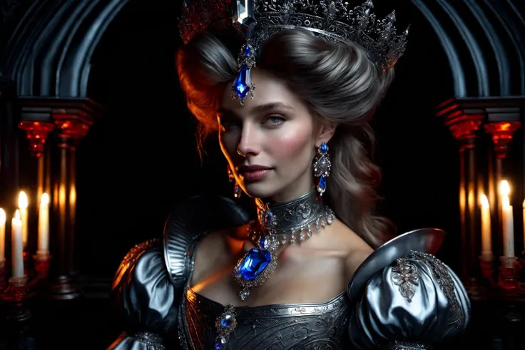 studio photo closeup portrait victorian europian (woman1-420:1.3) with blue eyes and red hair wearing intricate silver metal crystal medieval armour (sitting inside a castle:1.3), black victorian attire, rembrandt light, zbrush, (black background:1.7), glossy, rtx, reflections, soft light, soft shadows, dramatic lighting, atmospheric, global illumination, unreal, octane, (two tone lighting:1.5), (cyan light:1.4), alphonse mucha