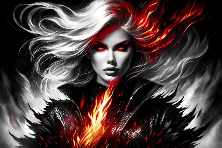 Double Exposure photo: a very hand drawn drawing of a marco (close up shot) of lady the god of hellfire standing in hell, wicked style hair, standing in the wind in the gates of hell bokeh fire dark red and black explosion BIEMMMM SMOOTH, glossy, rtx, reflections, soft light, soft shadows, dramatic lighting, atmospheric, global illumination, unreal, octane, (two tone lighting:1.5), (cyan light:1.4), alphonse mucha