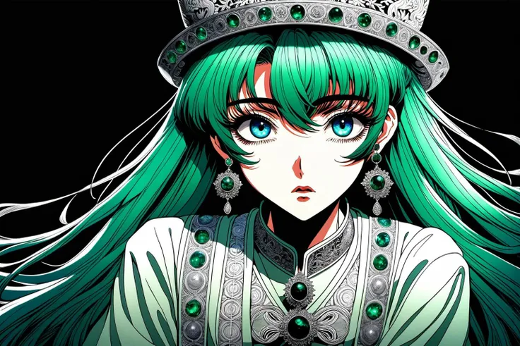 Anime artwork in 1990s style showcasing a middle-shot closeup of a woman's face and upper body during a dark night. Her expression is one of fear and focus, with intricate details capturing her emotions. She's wearing an emerald blouse and a blue hat. The scene is devoid of any moon, with only minimal ambient light, emphasizing the suspenseful and eerie ambiance.