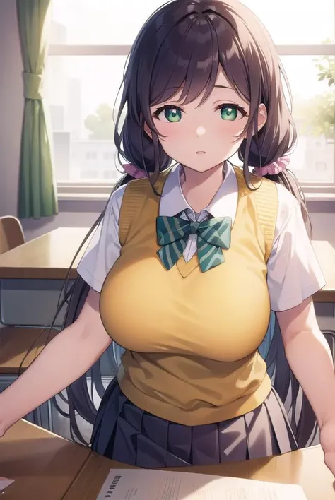 masterpiece,highest quality,wonderful,finely,High resolution,1 Girl, Large Breasts,(tennis uniform:1.3), Huge breasts,Black Hair, Glasses, Green Eyes,Twin tails