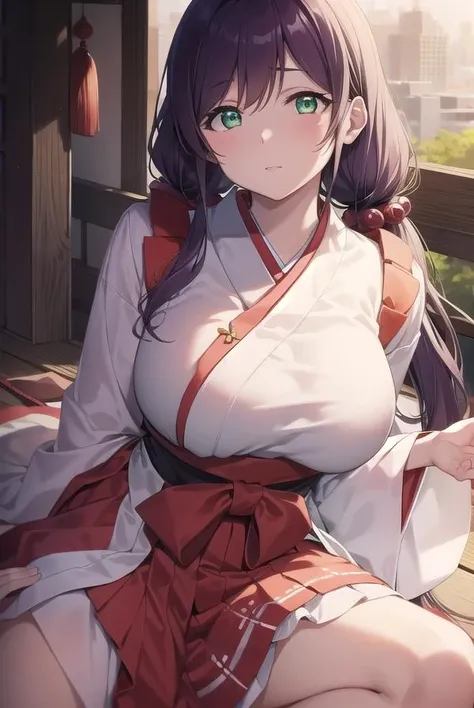 nozomitoujou, <lora:nozomitoujoutest:1>,
nozomi toujou, (green eyes:1.5), purple hair, twintails, low twintails, scrunchie, long hair, (large breast:1.2),
BREAK hakama, hakama skirt, japanese clothes, miko, red hakama,
BREAK looking at viewer,
BREAK outdoors, shrine,
BREAK <lora:GoodHands-vanilla:1>, (masterpiece:1.2), best quality, high resolution, unity 8k wallpaper, (illustration:0.8), (beautiful detailed eyes:1.6), extremely detailed face, perfect lighting, extremely detailed CG, (perfect hands, perfect anatomy),