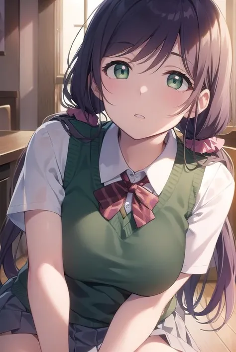nozomitoujou, <lora:nozomitoujoutest:1>,
nozomi toujou, (green eyes:1.5), purple hair, twintails, low twintails, scrunchie, long hair, (large breast:1.2),
BREAK otonokizaka school uniform, pleated skirt, school uniform, short sleeves, skirt, summer uniform, sweater vest, yellow sweater vest,
BREAK looking at viewer,
BREAK indoors, classroom,
BREAK <lora:GoodHands-vanilla:1>, (masterpiece:1.2), best quality, high resolution, unity 8k wallpaper, (illustration:0.8), (beautiful detailed eyes:1.6), extremely detailed face, perfect lighting, extremely detailed CG, (perfect hands, perfect anatomy),