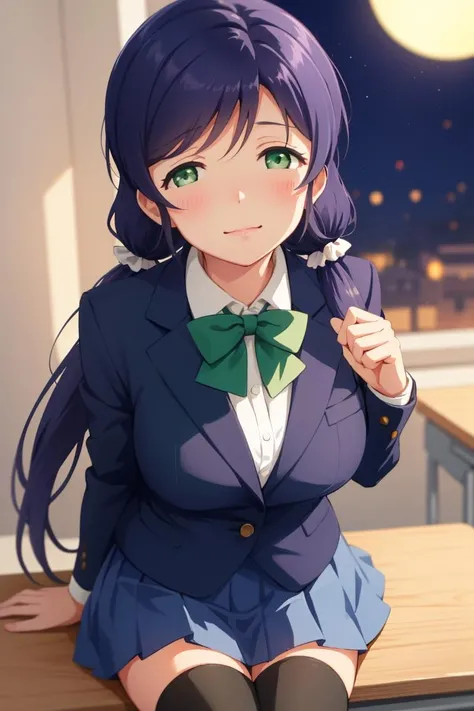 1girl, nozomi toujou, (green eyes:1.5), purple hair, twintails, low twintails, scrunchie, (very long hair:1.1), otonokizaka school uniform, (blue pleated skirt:1.1), school uniform, blue skirt, (blue blazer jacket:1.2), (green bowtie:1.2), (black thighhighs:1.2),
sitting at desk, slight smile, looking at viewer, pov, blush, large breasts, solo focus, floating hearts,
masterpiece, best quality, beautifully detailed background, cinematic lighting, particles, school, classroom, night, dark,
<lora:AsouSeparated:0.8>, <lora:nozomitoujoutest:1>, <lora:GoodHands-vanilla:1>