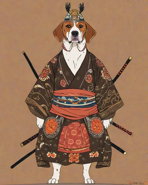barbier style, illustration of a hefty Samurai Atlas - Beagle, Brown hairstyle, Panorama, Rave Fashion, Complex background, Flickr, photolab, (art by Brian Kesinger:0.9) , (Atey Ghailan:1.3) , <lora:george_barbier_xl:1>
