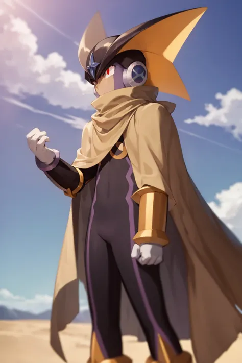 masterpiece, best quality, 1boy, forte, helmet, red eyes, cape, purple energy, dark, sand, blue sky, desert background <lora:Forte:1>