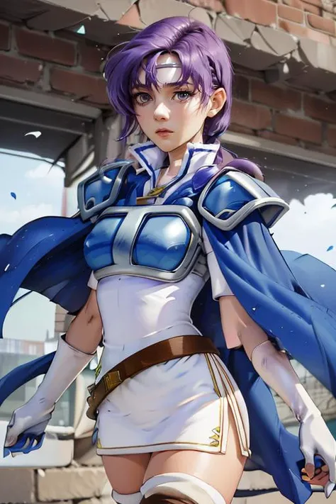 (masterpiece, best quality), 1girl, beautiful face, <lora:junoV2:1> juno, zettai ryouiki, thigh boots, shoulder armor, white short dress, breastplate, belt, elbow gloves, pauldrons, blue cape, white footwear, short sleeves, shoulder pads, white skirt, circlet, white thighhighs