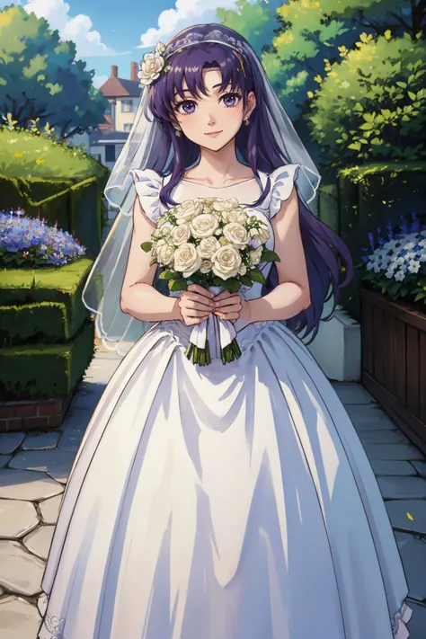 masterpiece, best quality, <lora:junoV2:0.7> juno, wedding dress, gown, frills, bridal veil, garden, spring, flowers, smile, holding bouquet, looking at viewer
