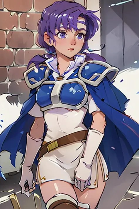 (masterpiece, best quality), 1girl,  beautiful face,   <lora:junoV2:1> juno,  zettai ryouiki, thigh boots, shoulder armor, white short dress, breastplate, belt, elbow gloves, pauldrons, blue cape, white footwear, short sleeves, shoulder pads, white skirt, circlet, white thighhighs