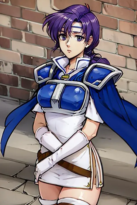 (masterpiece, best quality), 1girl, beautiful face, <lora:junoV2:1> juno, zettai ryouiki, thigh boots, shoulder armor, white short dress, breastplate, belt, elbow gloves, pauldrons, blue cape, white footwear, short sleeves, shoulder pads, white skirt, circlet, white thighhighs