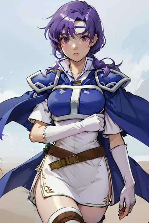 (masterpiece, best quality), 1girl, beautiful face, <lora:junoV2:1> juno, zettai ryouiki, thigh boots, shoulder armor, white short dress, breastplate, belt, elbow gloves, pauldrons, blue cape, white footwear, short sleeves, shoulder pads, white skirt, circlet, white thighhighs