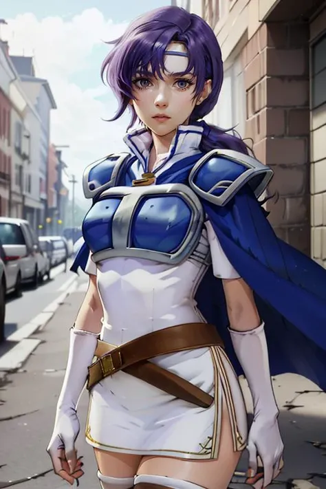 (masterpiece, best quality), 1girl,  beautiful face,   <lora:junoV2:1> juno,  zettai ryouiki, thigh boots, shoulder armor, white short dress, breastplate, belt, elbow gloves, pauldrons, blue cape, white footwear, short sleeves, shoulder pads, white skirt, circlet, white thighhighs