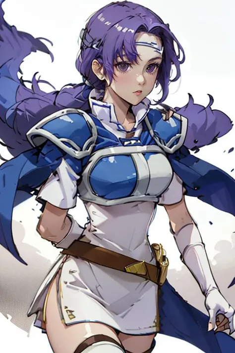 (masterpiece, best quality), 1girl, beautiful face, <lora:junoV2:1> juno, zettai ryouiki, thigh boots, shoulder armor, white short dress, breastplate, belt, elbow gloves, pauldrons, blue cape, white footwear, short sleeves, shoulder pads, white skirt, circlet, white thighhighs