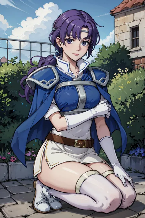 Captivating smile,Kneel with one hand on thigh,head_outside_of_flame,Juno,zettai ryouiki,Thigh-high boots, Pauldrons,White short dress, breastplate, belt, Elbow hand pockets, Scapula, Blue Cape, white footwear,View your viewers, Short sleeve, Shoulder pads, White Skirt, Circlet, White knee socks,outsidedoors,garden,(masterpiece, highest quality, Very detailed, 最高of影)