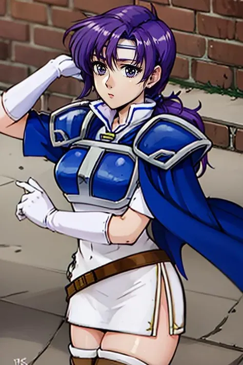 (masterpiece, best quality), 1girl, beautiful face, <lora:junoV2:1> juno, zettai ryouiki, thigh boots, shoulder armor, white short dress, breastplate, belt, elbow gloves, pauldrons, blue cape, white footwear, short sleeves, shoulder pads, white skirt, circlet, white thighhighs