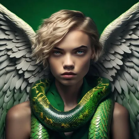 <lora:savannahprez:1> savannahprez woman fashion photo, Realistic 8K portrait: A young tomboy,  blonde, short hair,  green eyes,  large snake wrapped around her neck,  angel wings; dramatic lighting, cinematic colors; hyper-above