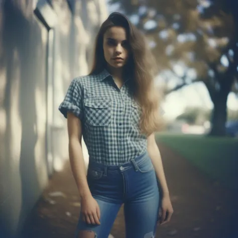 <lora:savannahprez_xl_lora:1> savannahprez analog film photo close up, beautiful woman posing, ripped jeans and checkered shirt, cute look, perfect eyes, faded film, desaturated, 35mm photo, grainy, vignette, vintage, Kodachrome, Lomography, stained, highly detailed, found footage, f1.2 50mm