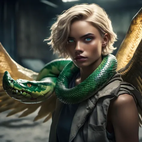 <lora:savannahprez:1> savannahprez woman fashion photo, Realistic 8K portrait: A young tomboy,  blonde, short hair,  green eyes,  large snake wrapped around her neck,  angel wings; dramatic lighting, cinematic colors; hyper-above