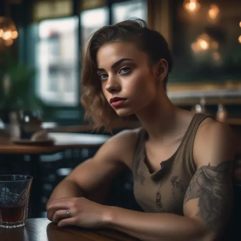 <lora:savannahprez_xl_lora:1> savannahprez, muscle girl,  a close up portrait photo of a beautiful 26 y.o woman in a paris cafe, wearing vintage clothing, moody, vines, organic, modern, (high detailed skin:1.2), 8k uhd, dslr, soft lighting, high quality, film grain, Fujifilm XT3