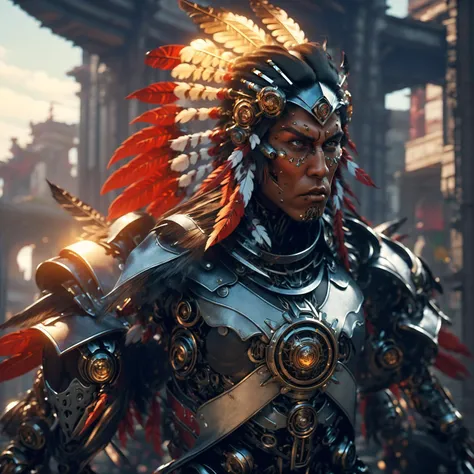 Full body portrait of (( raging cyborg Robort traditional native american cherokee warrior wearing a long headdress of native American chief :1.2)), dynamic pose, <lora:Unreal-Fantasy_Style:0.8> <lora:epi_noiseoffset2:0.5> <lora:FINAL Robort:0.3> <lora:nijiMecha:0.4> <hypernet:dr0ne:0.5>