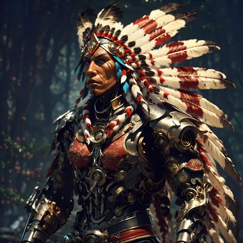 Full body portrait of (( raging cyborg Robort traditional native american cherokee warrior wearing a long headdress of native American chief :1.2)), dynamic pose, <lora:Unreal-Fantasy_Style:0.8> <lora:epi_noiseoffset2:1> <lora:FINAL Robort:0.3> <lora:nijiMecha:0.4>
