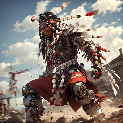 Full body portrait of (( raging cyborg Robort traditional native american cherokee warrior wearing a long headdress of native American chief :1.2)), dynamic pose, <lora:Unreal-Fantasy_Style:0.8> <lora:epi_noiseoffset2:0.5> <lora:FINAL Robort:0.3> <lora:nijiMecha:0.4> <hypernet:dr0ne:0.5>