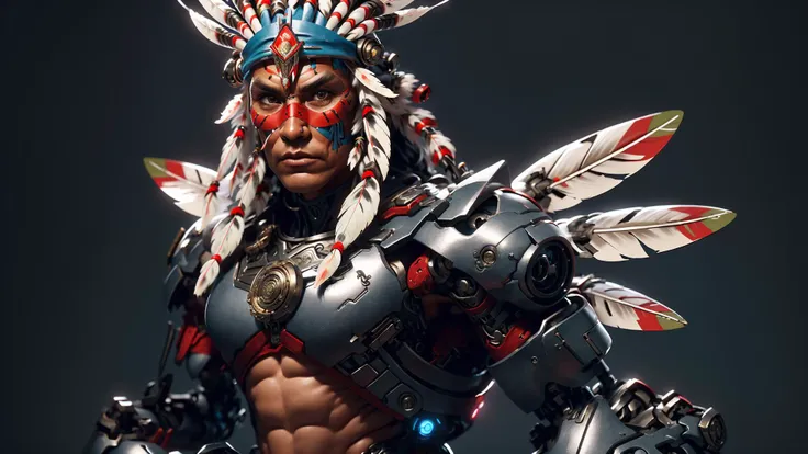 Full body portrait of ((cyborg traditional native american cherokee warrior wearing a long headdress of Native American chief :1.3)), robort, dynamic pose, <lora:FINAL Robort:0.5> <lora:Unreal-Fantasy_Style:0.8>
