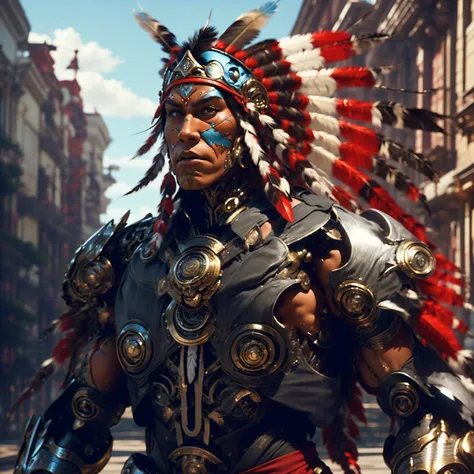 Full body portrait of (( raging cyborg Robort traditional native american cherokee warrior wearing a long headdress of native American chief :1.2)), dynamic pose, <lora:Unreal-Fantasy_Style:0.8> <lora:epi_noiseoffset2:1> <lora:FINAL Robort:0.3> <lora:nijiMecha:0.4>