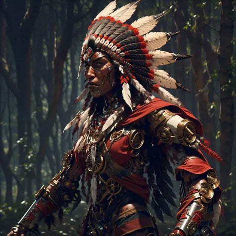 Full body portrait of (( raging cyborg Robort traditional native american Cheyenne warrior wearing a long headdress of native American chief :1.2)), dynamic pose, <lora:Unreal-Fantasy_Style:0.8> <lora:epi_noiseoffset2:0.5> <lora:FINAL Robort:0.3> <lora:nijiMecha:0.4> <hypernet:dr0ne:0.5>