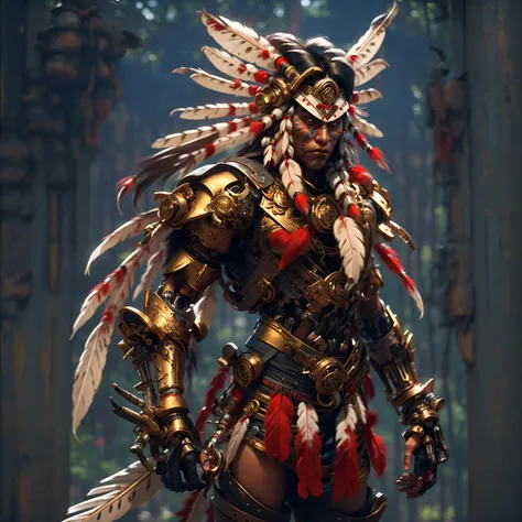 Full body portrait of (( raging cyborg Robort traditional native american cherokee warrior wearing a long headdress of native American chief :1.2)), dynamic pose, <lora:Unreal-Fantasy_Style:0.8> <lora:epi_noiseoffset2:0.5> <lora:FINAL Robort:0.3> <lora:nijiMecha:0.4> <hypernet:dr0ne:0.5>