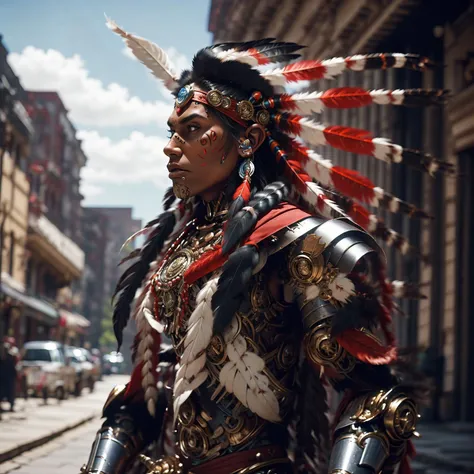 Full body portrait of (( raging cyborg Robort traditional native american cherokee warrior wearing a long headdress of native American chief :1.2)), dynamic pose, <lora:Unreal-Fantasy_Style:0.8> <lora:epi_noiseoffset2:0.5> <lora:FINAL Robort:0.3> <lora:nijiMecha:0.4> <hypernet:dr0ne:0.5>