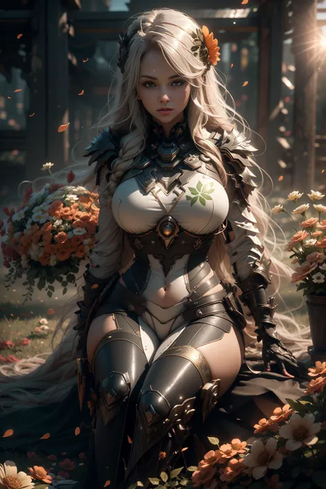a girl laying down on a field of flowers, (flowers:1.4), (laying down:1.4), (colorful flowers:1.4), ( thick body:1.4), (Perfect proportions:1.4), (Long Blond Hair:1.4), Green Eyes, HDR (High Dynamic Range), Ray Tracing, NVIDIA RTX, Super-Resolution, Unreal 5, Subsurface Scattering, PBR Texturing, Post-Processing, Anisotropic Filtering, Depth-Of-Field ,Maximum Clarity And Sharpness, Multi-Layered Textures, Albedo And Specular Maps, Surface Shading, Accurate Simulation Of Light-Material Interaction, Octane Render, Two-Tone Lighting, Low ISO, White Balance, Rule Of Thirds, Wide Aperture, 8K RAW, Efficient Sub-Pixel, Sub-Pixel Convolution, (Luminescent Particles:1.4), {{Masterpiece, Best Quality, Extremely Detailed CG, Unity 8k Wallpaper, 3D, Cinematic Lighting, Lens Flare}}, <lora:add_detail:0.2>, <lora:Unreal-Fantasy_Style:0.6>, <lora:Niji:0.5>