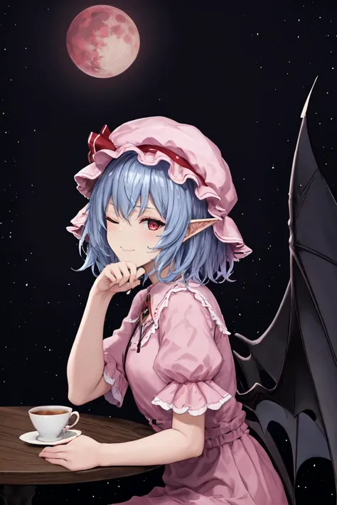 remilia scarlet, cowboy shot, pink dress, pointy ears, red eyes, light blue hair, medium hair, gradient hair, bat (animal), bat wings, red light particles, bat wings
BREAK outdoors, patio, wood railings, half-closed eyes, one eye closed, sitting, table, teacup, from side, looking at viewer, hand under chin, light smile, tsurime
BREAK charismatic, red moon, (glowing eyes:1.1), 1girl
BREAK red sky, (dark:1.2), night, , volumetric lighting, rule of thirds, caustics, reflection
<lora:tk31-14:1>