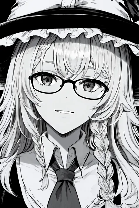 kirisame marisa, glasses, face close-up, single braid, witch hat, upper body, light smile, parted lips, monochrome, (flat shading:1.2)
<lora:tk31-14:1>