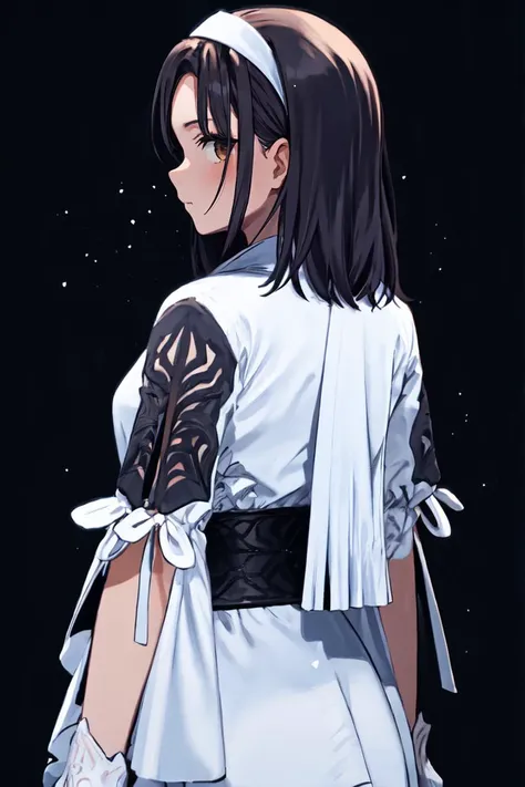 white hairband, black hair, parted bangs, medium hair, brown eyes, white dress, white gloves, obi,
mature female, 2d,
 upper body, looking back, black background, gradient background, from behind
BREAK light particles, holy light, cowboy shot,
 <lora:t8jun-14:1>