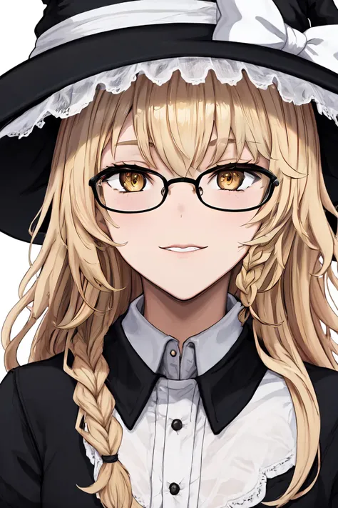 kirisame marisa, yellow eyes, black glasses, face close-up, single braid, witch hat, upper body, light smile, parted lips
<lora:tk31-14:1>