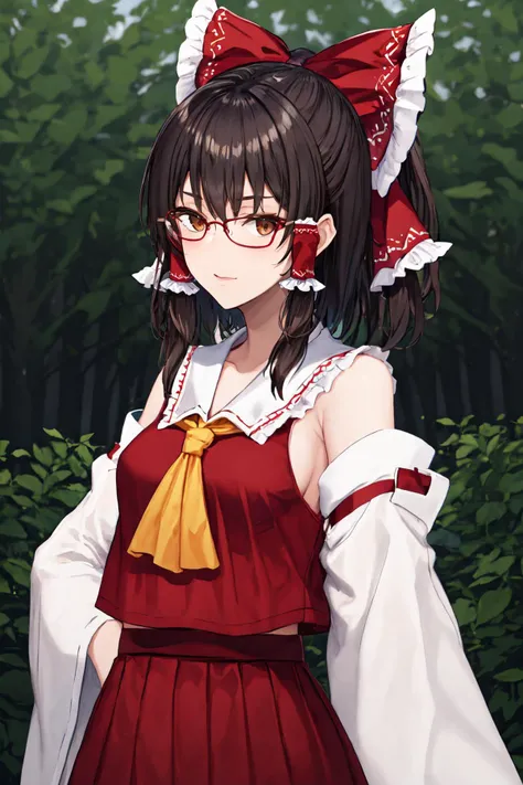 hakurei reimu, cowboy shot, forest, red glasses, brown eyes, upper body, semi-rimless eyewear, 
<lora:tk31-14:1>